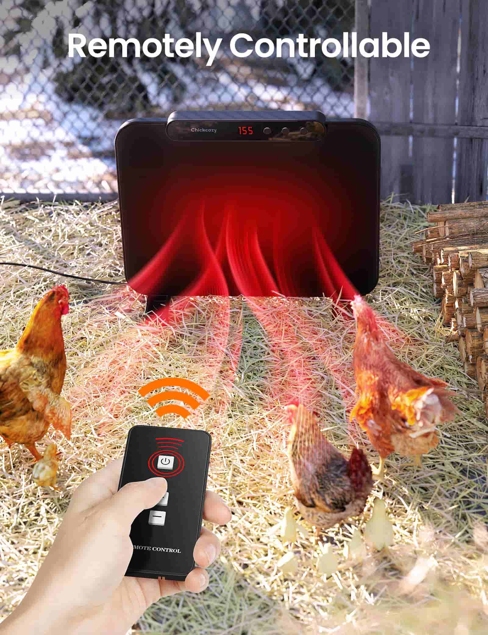 Chicken coop heater with a remote control feature